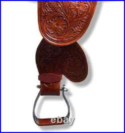 Blue Seat Treeless Western Tooled Leather Barrel Horse Saddle Set Size 14 16