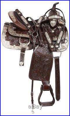 Carved Brown Leather Western Show Horse Saddle Silver Tack Set 16 17 18