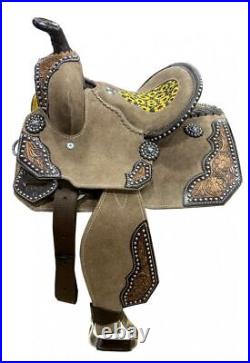 Chocolate Rough Out Barrel Saddle with Sunflower and Cheetah Print Inlay 10 NEW