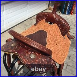 Custom Barrel Racing 14.5 Saddle Set with Floral Tooling and Copper Inlay