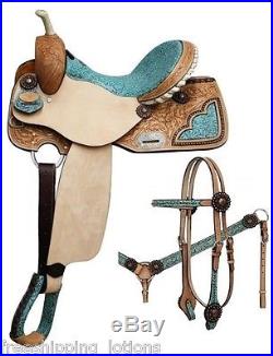 Double T Barrel Style Saddle With Teal Filigree Print Seat & Bridle Tack Set