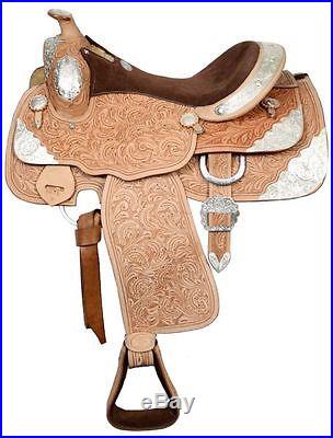 Double T Fully Tooled Western Pleasure Silver Show Saddle 16 Light Oil Leather