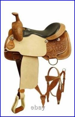 Double T Roper style saddle set with floral tooling. 16