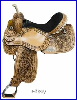 Double T barrel saddle with floral tooling and black inlay 14,15, 16