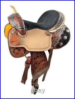 Economy Barrel Saddle SET Floral Tooling Teal and Studs Full QH Bars 15 NEW