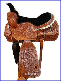 Floral Carved Tooled Studded Western Leather Horse Saddle Roping Tooled Tack Set