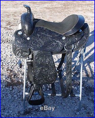 Full tooled 16 BLACK draft horse western riding saddle 10 gullet round skirt