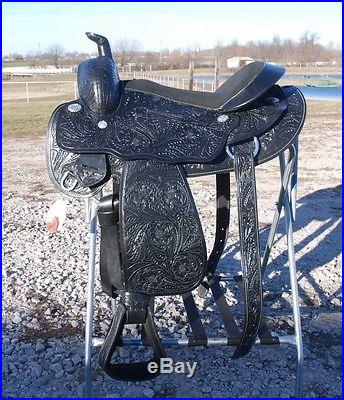 Full tooled 17 BLACK draft horse western riding saddle 10 gullet by Frontier