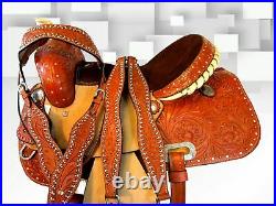 Hand Tooled Genuine Leather Barrel Saddle Pleasure Horse Western Tack Set 15 16