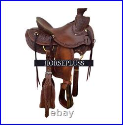 Hard-seat Tooled Brown Leather Western Roping Horse Saddle Wade Tree 10 18