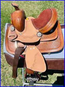 Kids Western Floral Tooled Horse Leather Barrel Saddle 8 Half Seat-Brown Color