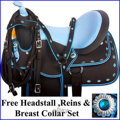 New 15 16 17 Western Synthetic Cordura Trail Show Horse Saddle Blue Free Tack
