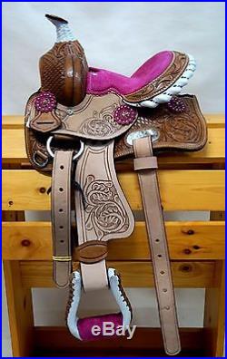 Popular Kid Western Mini Pony Trail Barrel Saddle 10 PINK Natural Oak leaf NEW