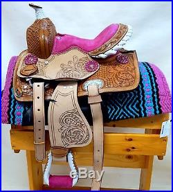 Popular Kid Western Mini Pony Trail Barrel Saddle 10 PINK Natural Oak leaf NEW