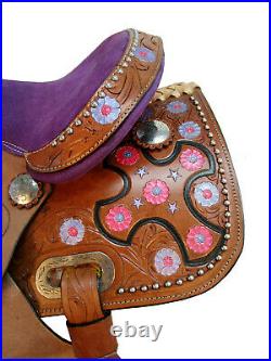 Purple Western Leather Floral Tooled Painted Studded Tack Set Pony Horse Saddle