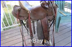 Roping Ranch Saddle, 15 inch seat, oxbow stirrups, basket weave design