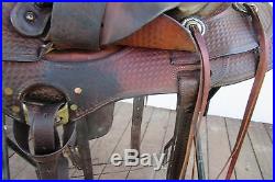 Roping Ranch Saddle, 15 inch seat, oxbow stirrups, basket weave design