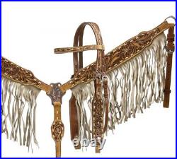 Showman Double Stitched Leather Headstall And Breast Collar Set With Tan Sued