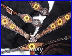 Showman Hand Painted Sunflower Leather Single Ear Headstall And Breastcollar