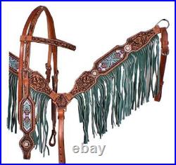 Showman Medium Leather Headstall And Breastcollar Set With Beaded Inlay And T