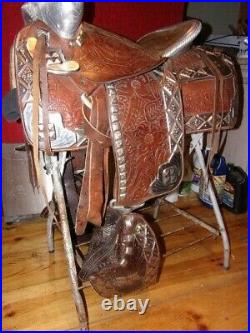 Silver Ted Flowers Parade Saddle, Bridle, Breastplate Rare Brown Leather
