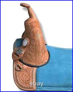 Sky-Blue Tooled Treeless Western Leather Barrel Horse Saddle Set Size 14 16