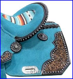 Teal Rough Out Barrel Saddle with Southwest Printed Inlay Full QH Bars 15 NEW
