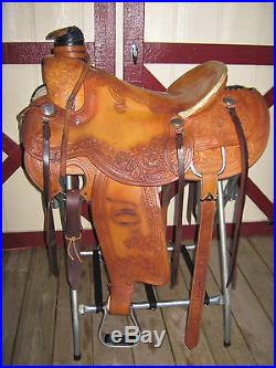 USED 17 Floral Tooled Wade Style Western Roper Saddle, Detachable Bucking Rolls