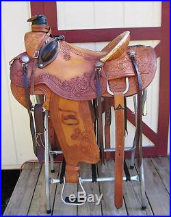 USED 17 Floral Tooled Wade Style Western Roper Saddle, Detachable Bucking Rolls