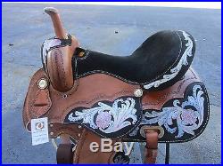 Used 15 16 Barrel Racing Show Blue Pink Pleasure Leather Western Horse Saddle
