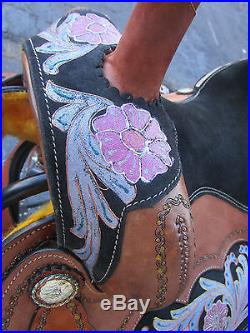 Used 15 16 Barrel Racing Show Blue Pink Pleasure Leather Western Horse Saddle