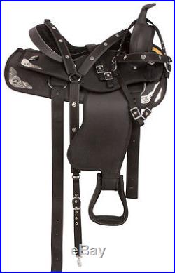 Used 16 Black Silver Synthetic Western Trail Horse Saddle Tack