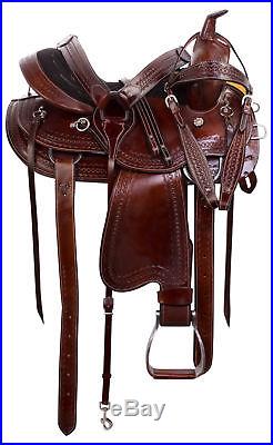 Used 17 Western Pleasure Trail Leather Horse Saddle Comfy Seat Tooled Tack Set