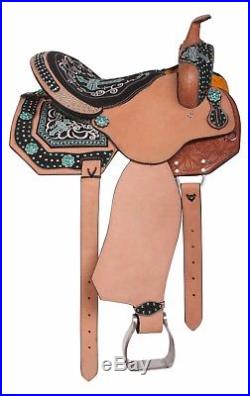 Used Turquoise Western Leather Barrel Trail Show Horse Saddle Tack Set 14 15 16