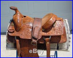Vintage Longhorn western saddle 15 16 tooled #444 roping show leather pleasure
