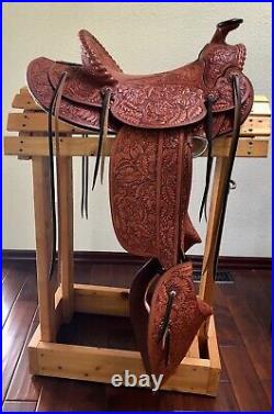Visalia Style Saddle Full Mixed Floral Carved, Tapaderos New