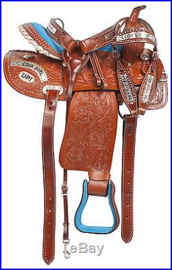 Western 14 15 16 Barrel Racing Blue Bling Horse Cowgirl Leather Saddle Tack Set