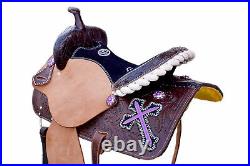 Western Brown Leather Hand Carved Barrel Racer Saddle 15 Purple Cross