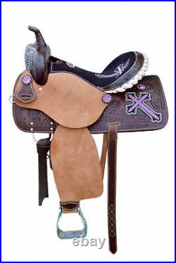 Western Brown Leather Hand Carved Barrel Racer Saddle 16 Purple Cross