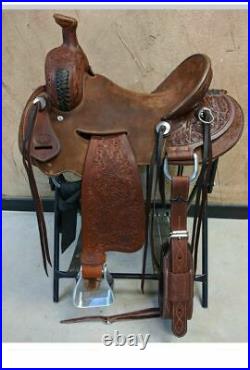 Western Brown Leather Hand Carved Roper Ranch Saddle /Leather Strings 295 18