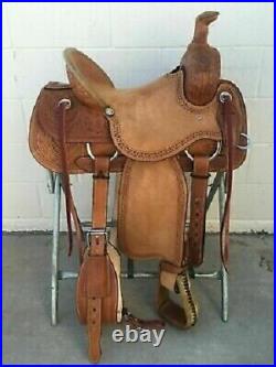 Western Brown Rought Out Leather Hand Carved Roper Ranch Saddle (13''-18'') inch