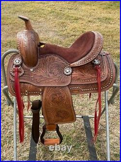 Western Kids Pleasure Trail Saddle With Brown Suede Seat, Floral Tooled Saddle