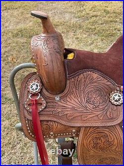 Western Kids Pleasure Trail Saddle With Brown Suede Seat, Floral Tooled Saddle