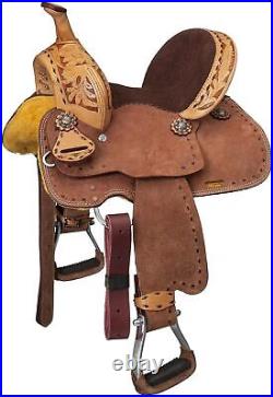 Western Kids Youth Child Barrel Horse Saddle with Floral Tooled Roughout Leather