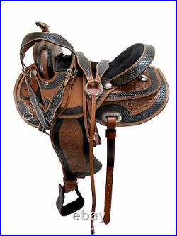 Western Leather Tooled Basketweave Painted Horse Saddle Tack Basket Weave Carved