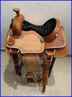 Western Natural Leather Hand Tooled Roping Ranch Saddle With Suede Seat 15 16