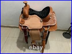Western Natural Leather Hand Tooled Roping Ranch Saddle With Suede Seat 15 16