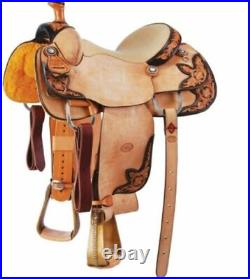Western Natural Leather Hand Tooled Strip Roper Ranch Saddle 15,1617 18