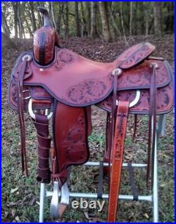 Western Tan Leather Hand Carved Roper Ranch Saddle with Black Paint Inlay