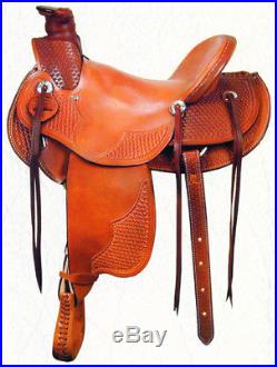 Western Tan Leather Hand Carved Roping Ranch Saddle with Strings 16